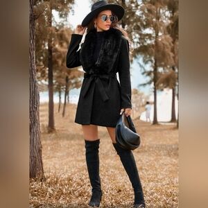New Chic Faux Fur Collar Lined Midi Coat Jacket Black